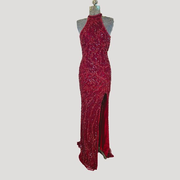 Mac Duggal 4112 Embellished Sequin Halter Column Gown In Garnet - Picture 1 of 12